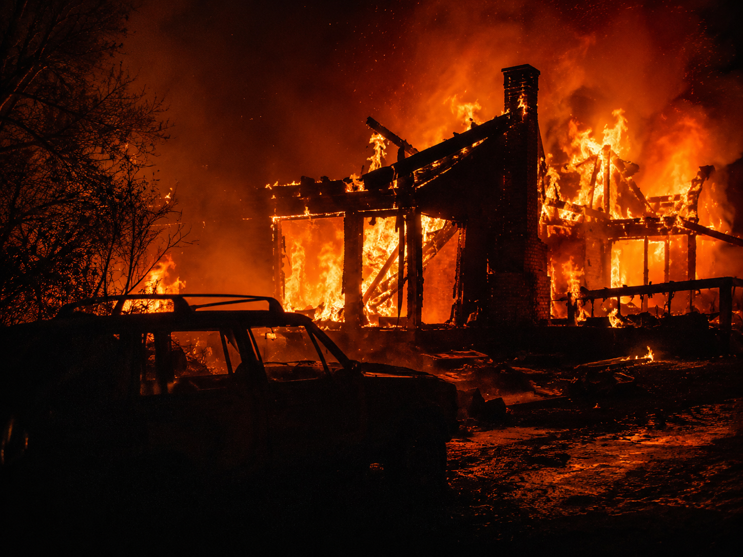 A home fully engulfed in flames at night, with a burned-out vehicle in the foreground