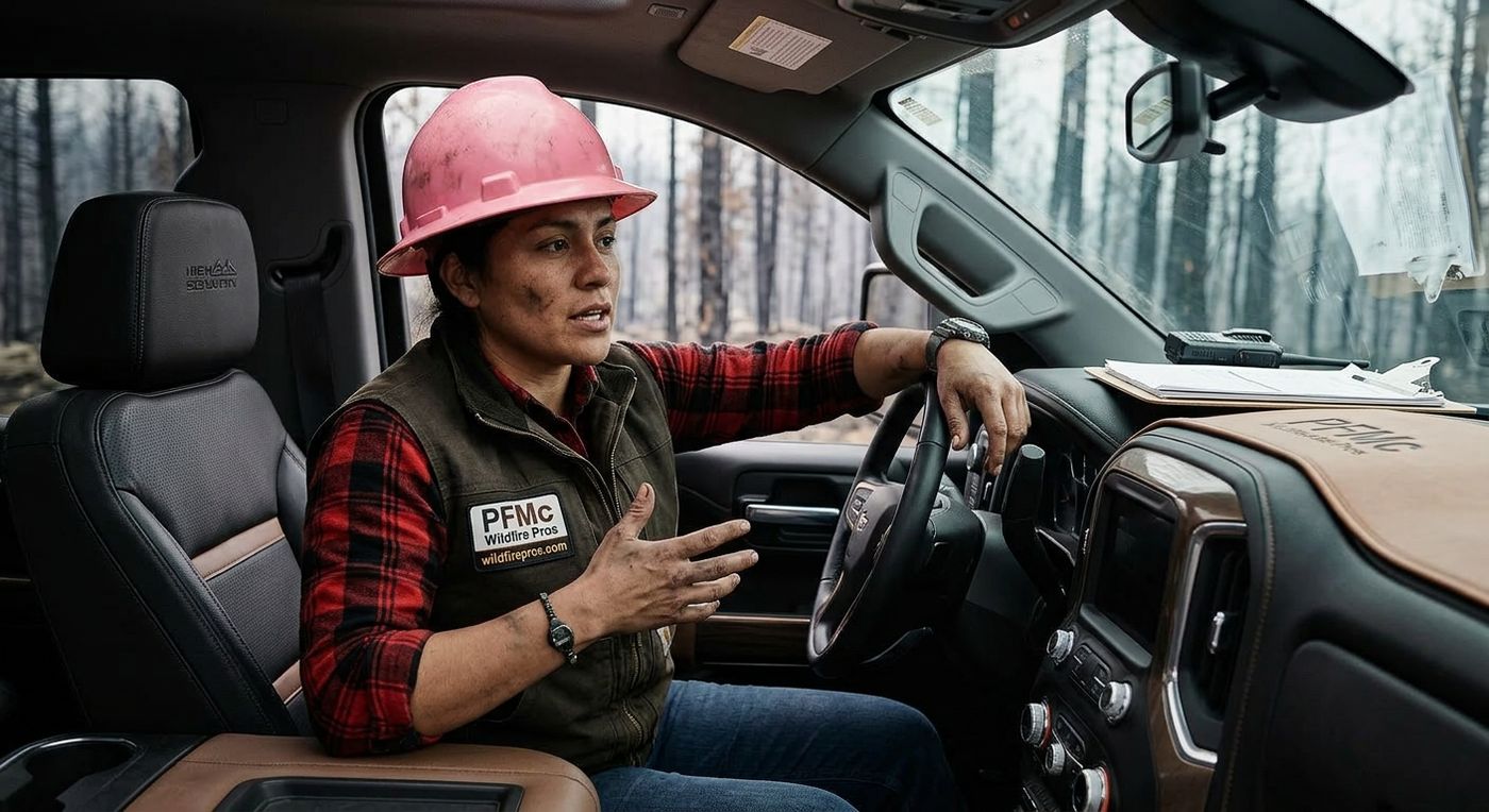 A Wildfire Pros forester in a hard hat sits at the wheel of a truck, talking, with a burned stand of timber visible through the windshield